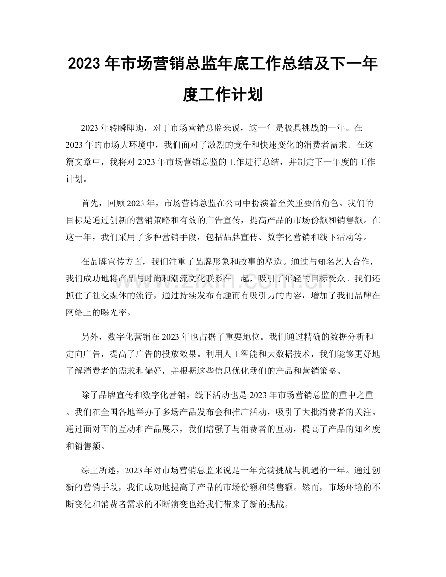 2023年市场营销总监年底工作总结及下一年度工作计划.docx_第1页