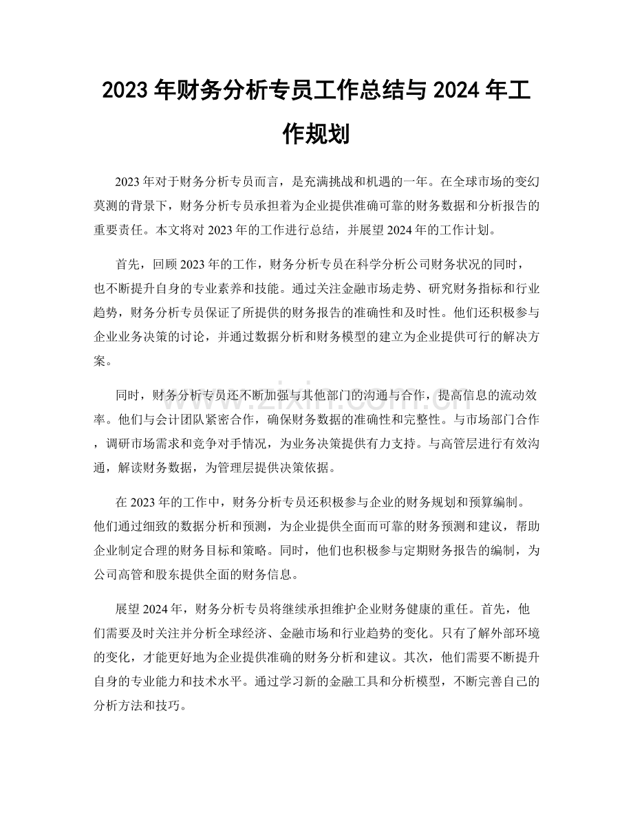 2023年财务分析专员工作总结与2024年工作规划.docx_第1页