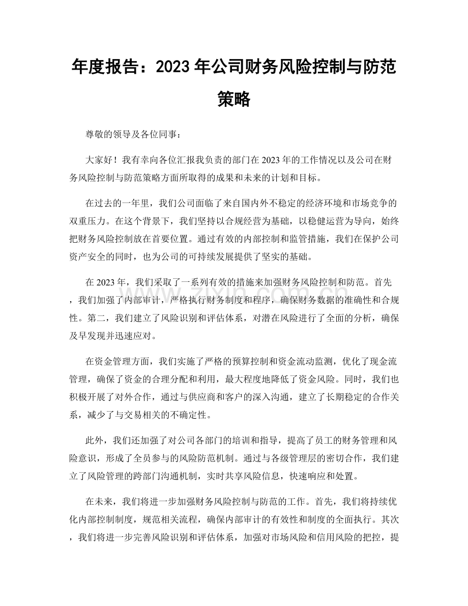 年度报告：2023年公司财务风险控制与防范策略.docx_第1页