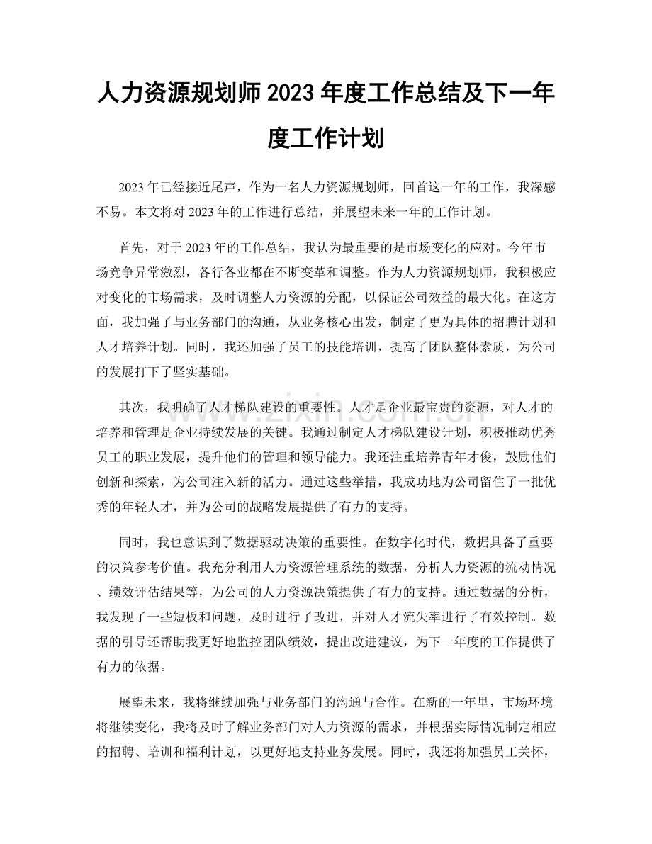 人力资源规划师2023年度工作总结及下一年度工作计划.docx_第1页