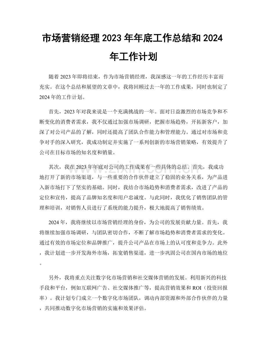 市场营销经理2023年年底工作总结和2024年工作计划.docx_第1页