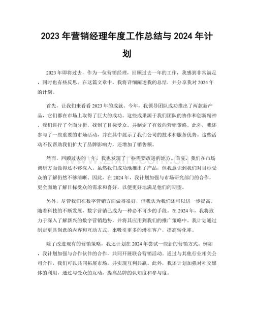 2023年营销经理年度工作总结与2024年计划.docx