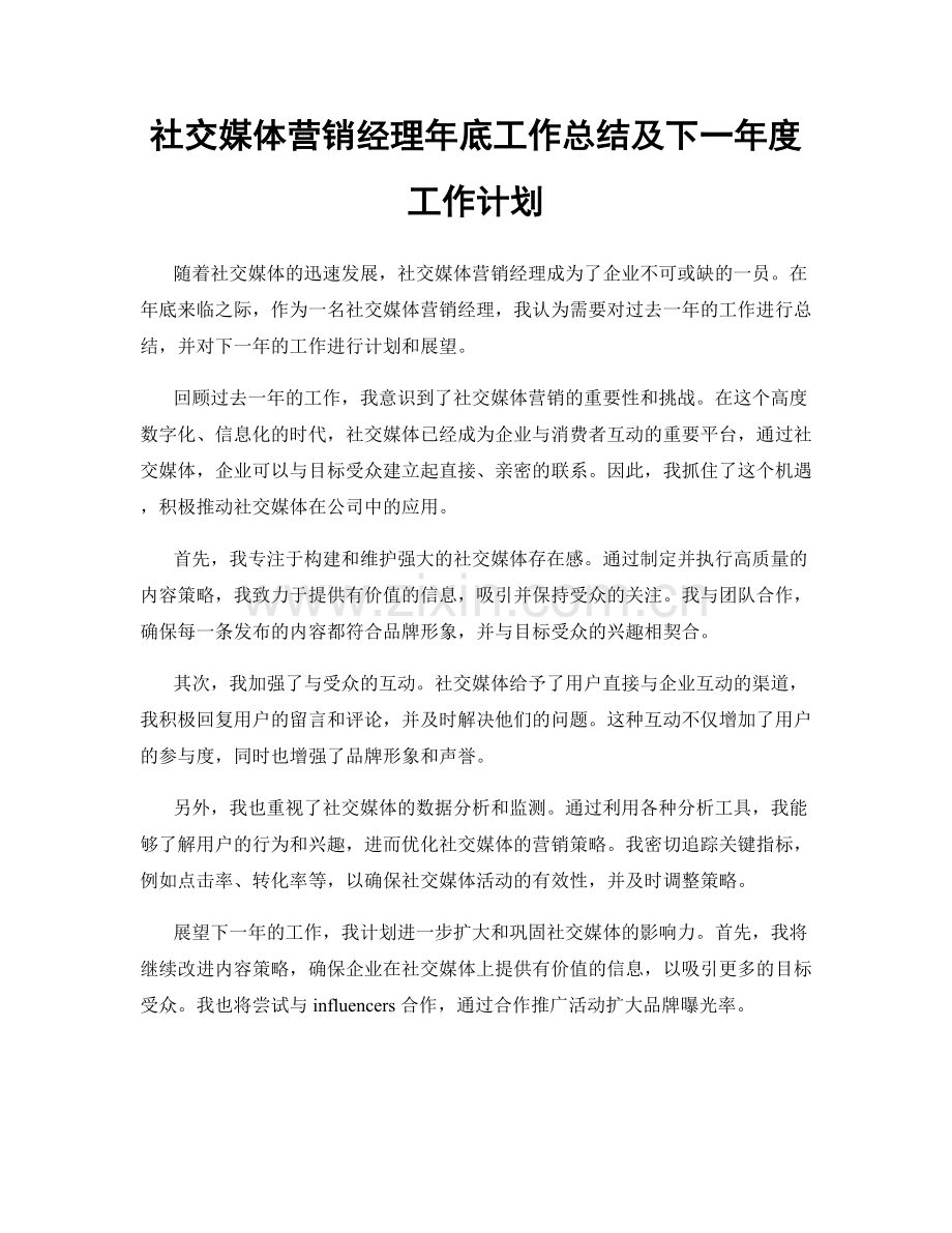 社交媒体营销经理年底工作总结及下一年度工作计划.docx_第1页