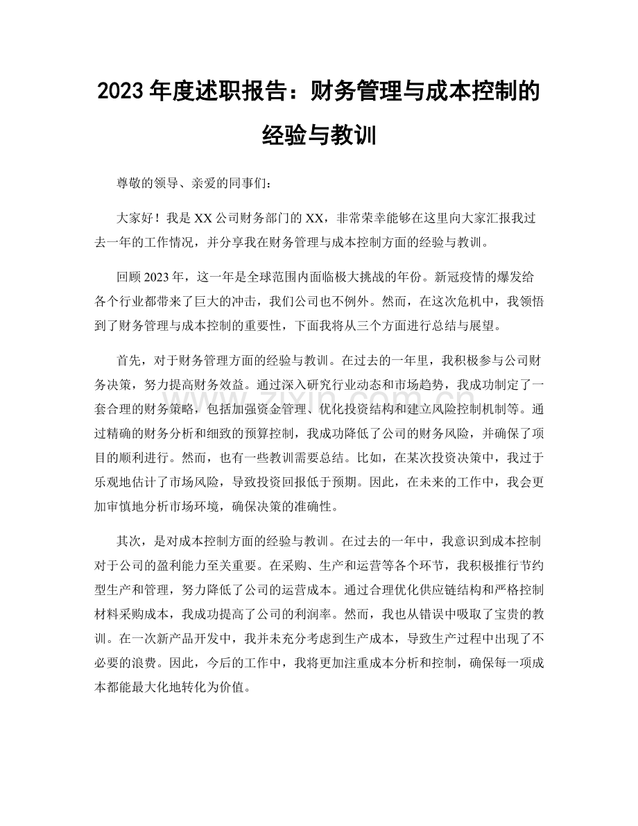 2023年度述职报告：财务管理与成本控制的经验与教训.docx_第1页