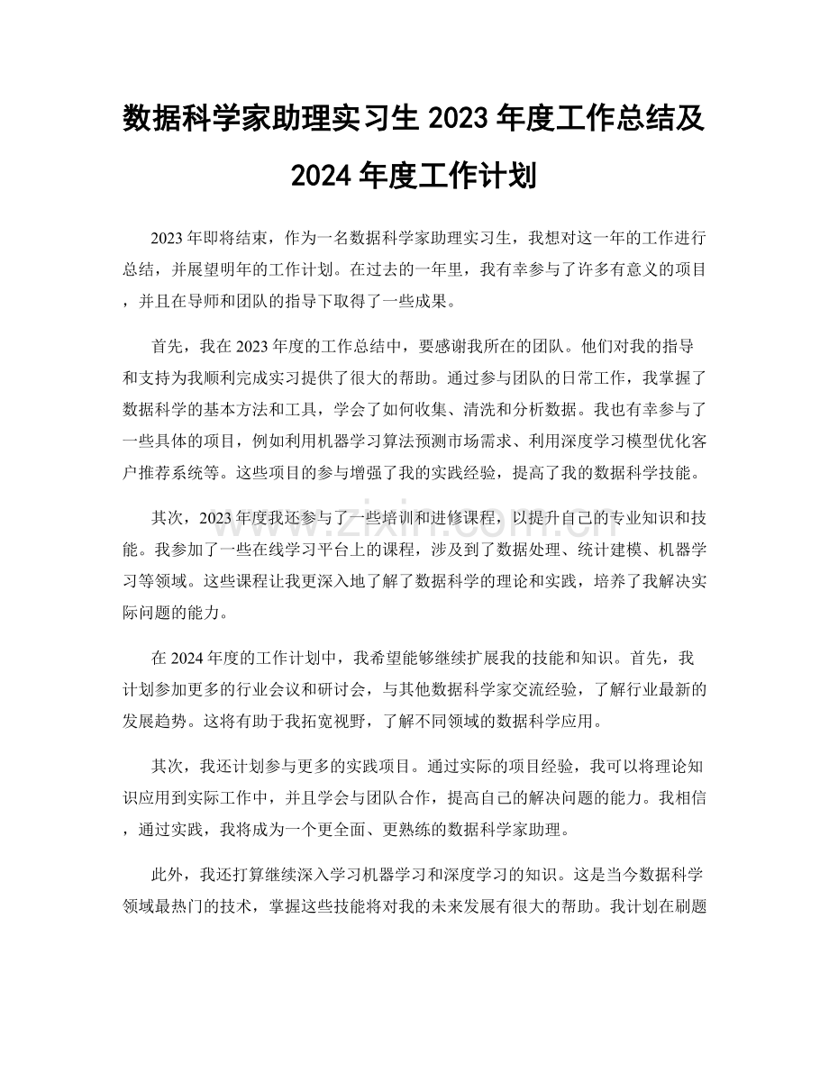 数据科学家助理实习生2023年度工作总结及2024年度工作计划.docx_第1页