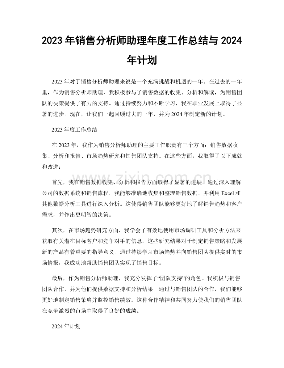 2023年销售分析师助理年度工作总结与2024年计划.docx_第1页