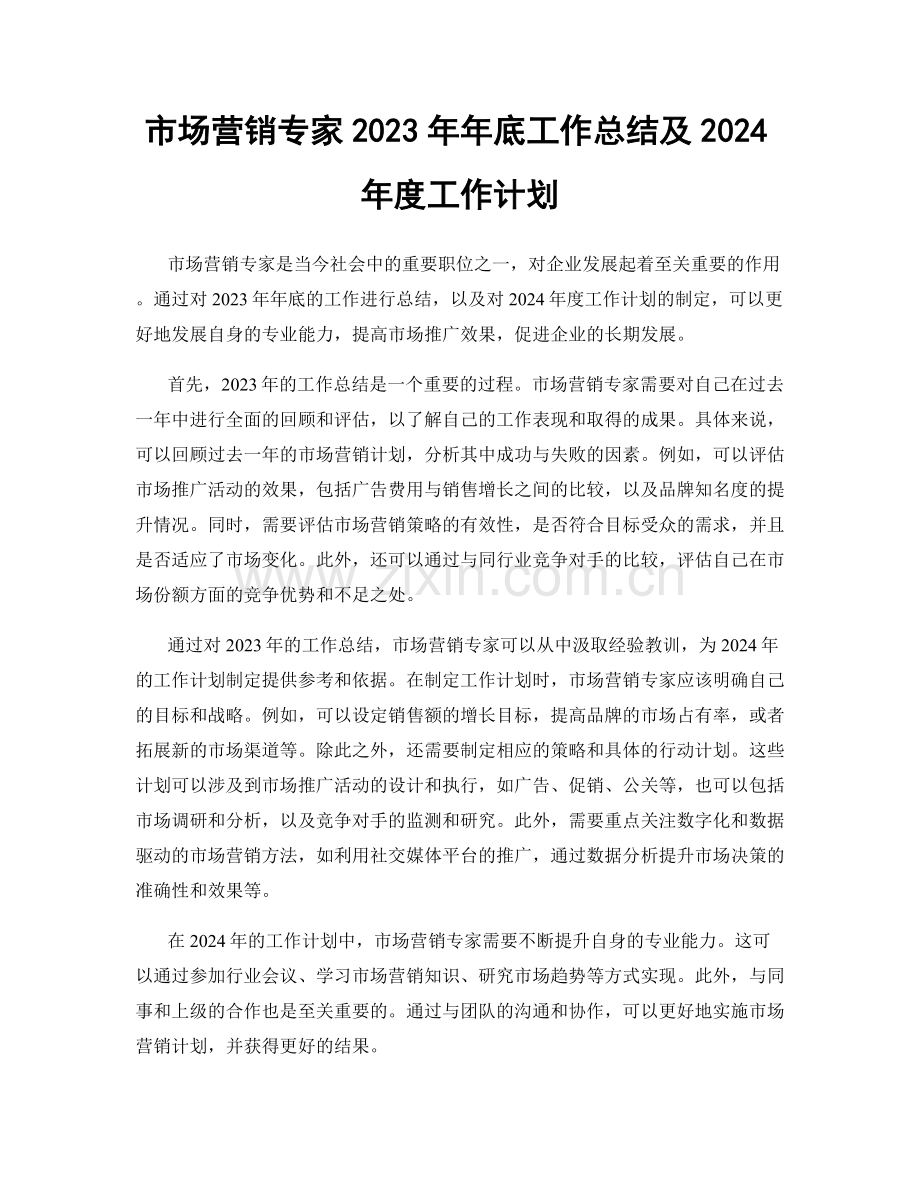 市场营销专家2023年年底工作总结及2024年度工作计划.docx_第1页