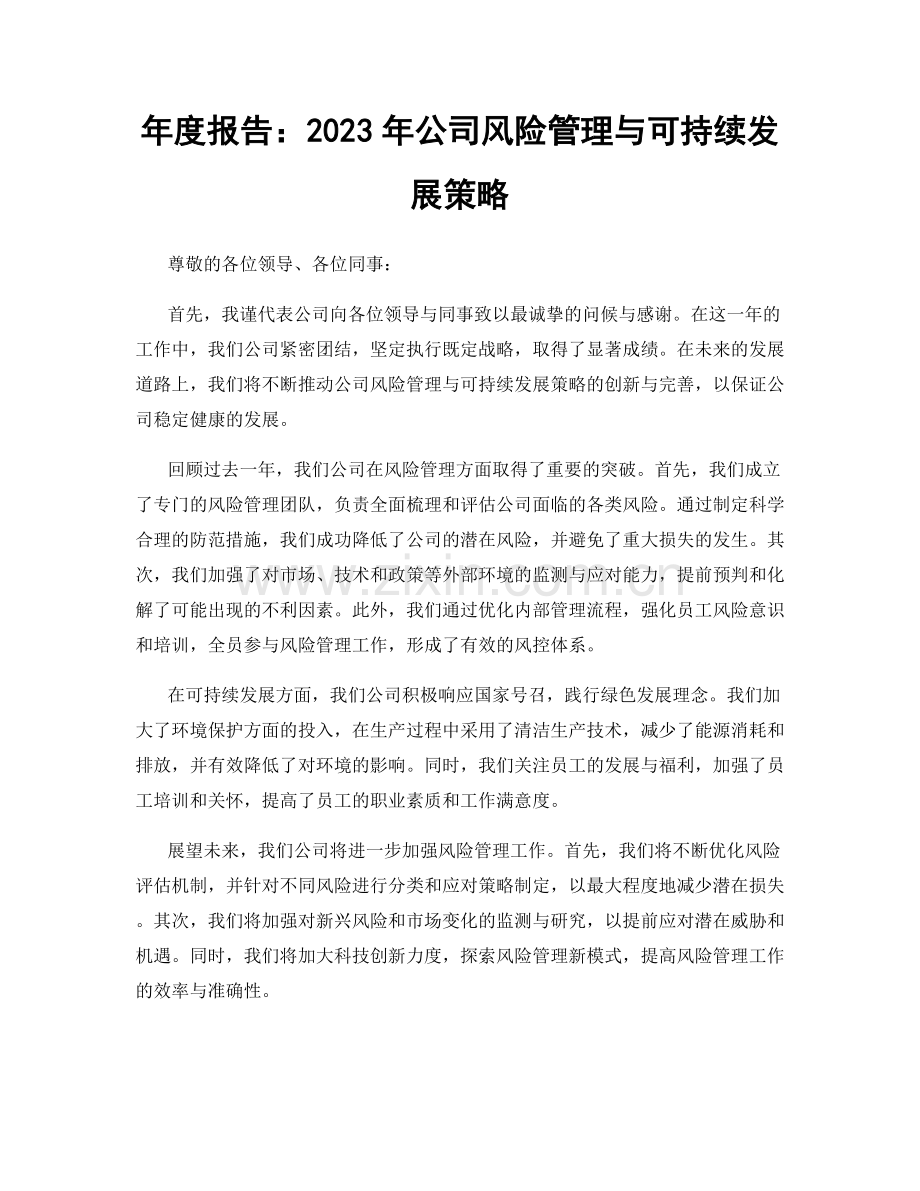 年度报告：2023年公司风险管理与可持续发展策略.docx_第1页