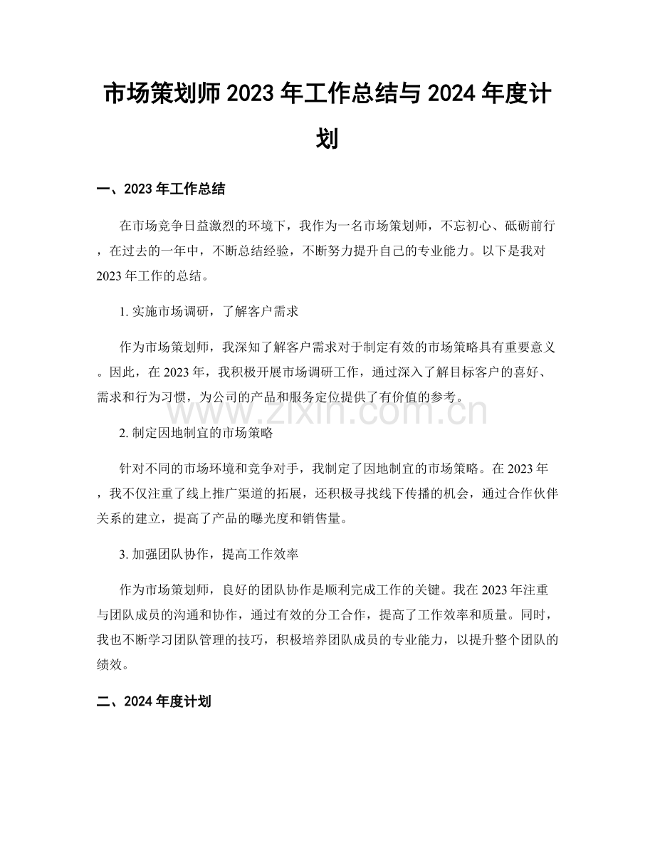 市场策划师2023年工作总结与2024年度计划.docx_第1页