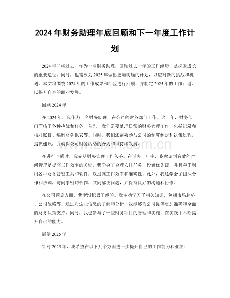 2024年财务助理年底回顾和下一年度工作计划.docx_第1页