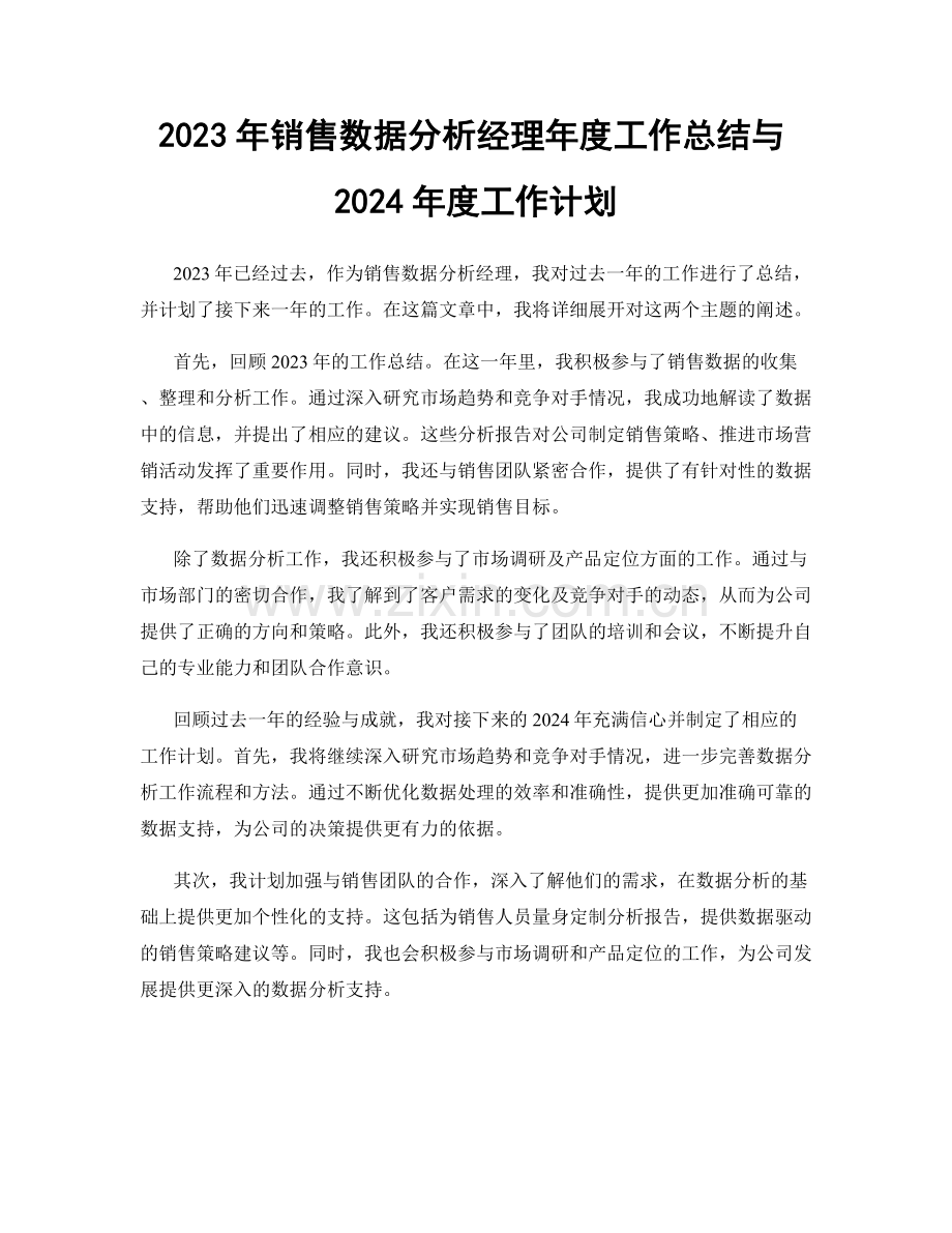 2023年销售数据分析经理年度工作总结与2024年度工作计划.docx_第1页