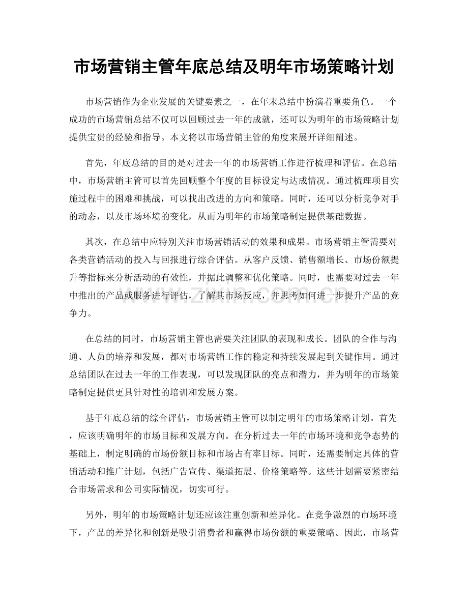 市场营销主管年底总结及明年市场策略计划.docx_第1页