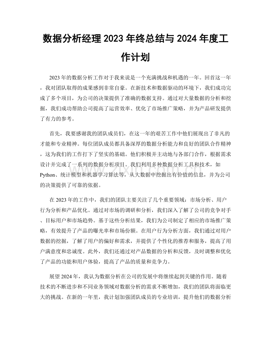 数据分析经理2023年终总结与2024年度工作计划.docx_第1页