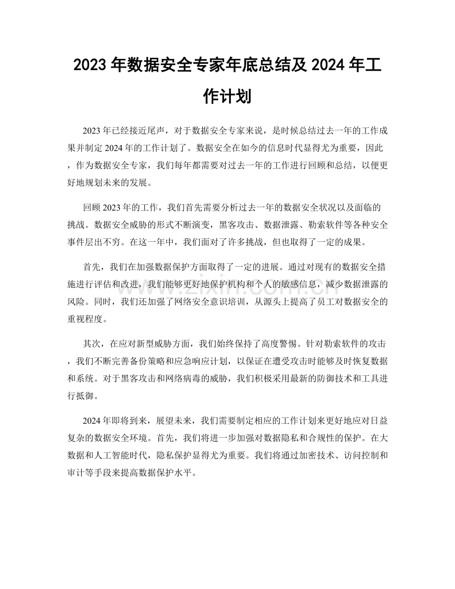 2023年数据安全专家年底总结及2024年工作计划.docx_第1页