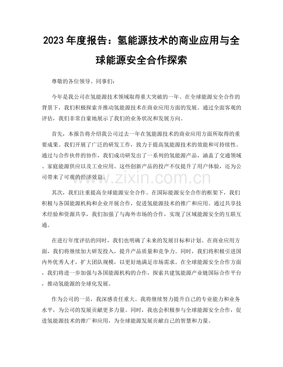 2023年度报告：氢能源技术的商业应用与全球能源安全合作探索.docx_第1页