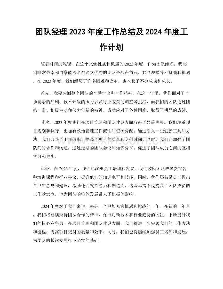 团队经理2023年度工作总结及2024年度工作计划.docx_第1页