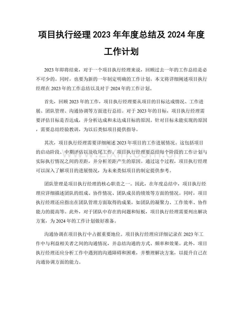 项目执行经理2023年年度总结及2024年度工作计划.docx_第1页