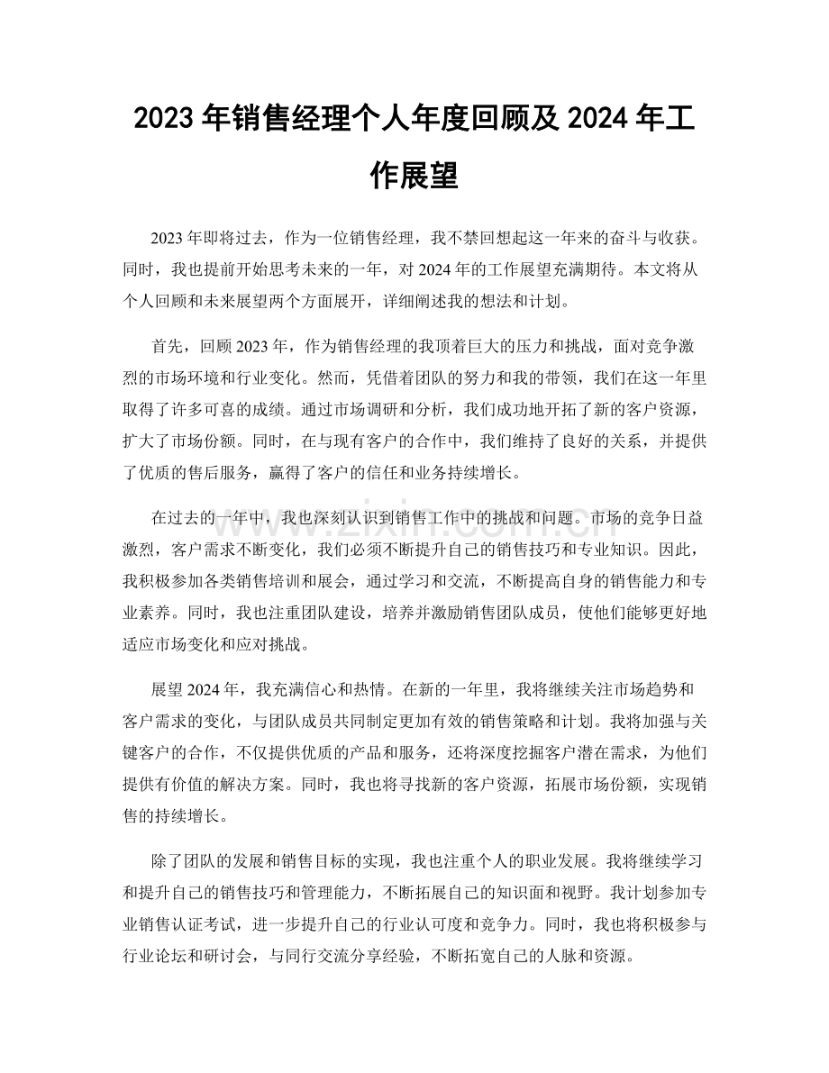 2023年销售经理个人年度回顾及2024年工作展望.docx_第1页