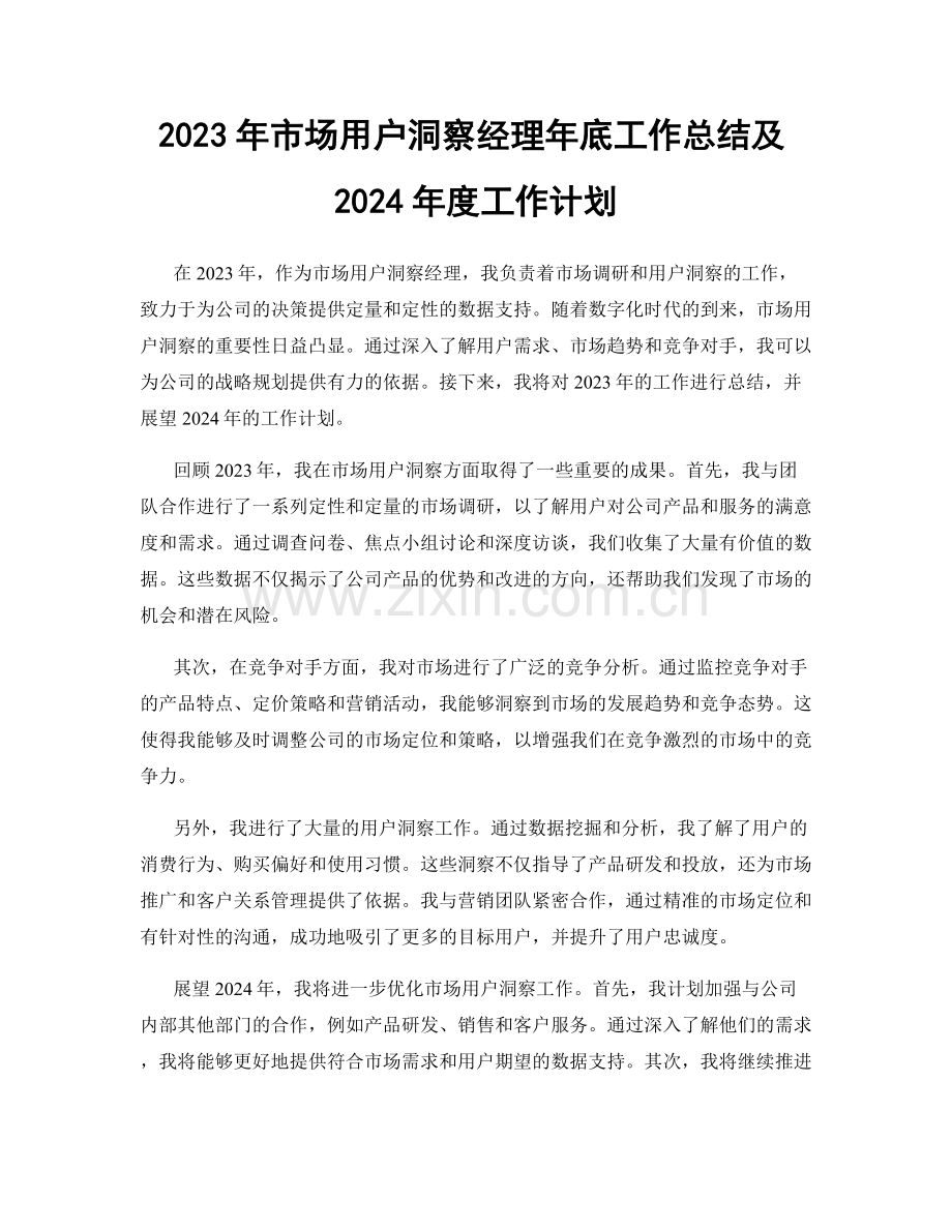 2023年市场用户洞察经理年底工作总结及2024年度工作计划.docx_第1页