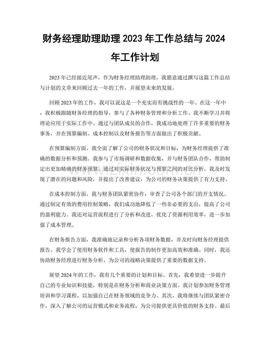 财务经理助理助理2023年工作总结与2024年工作计划.docx_第1页