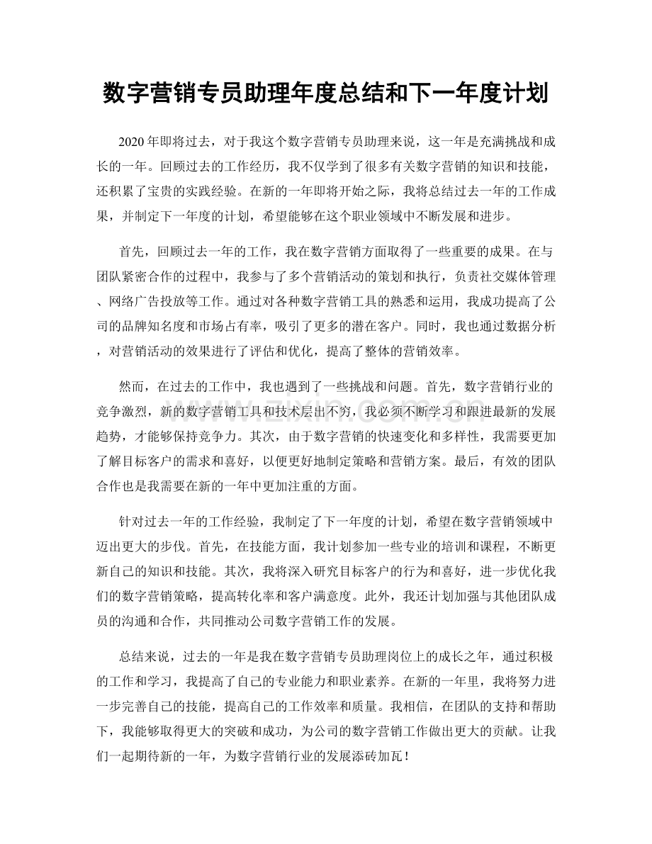 数字营销专员助理年度总结和下一年度计划.docx_第1页