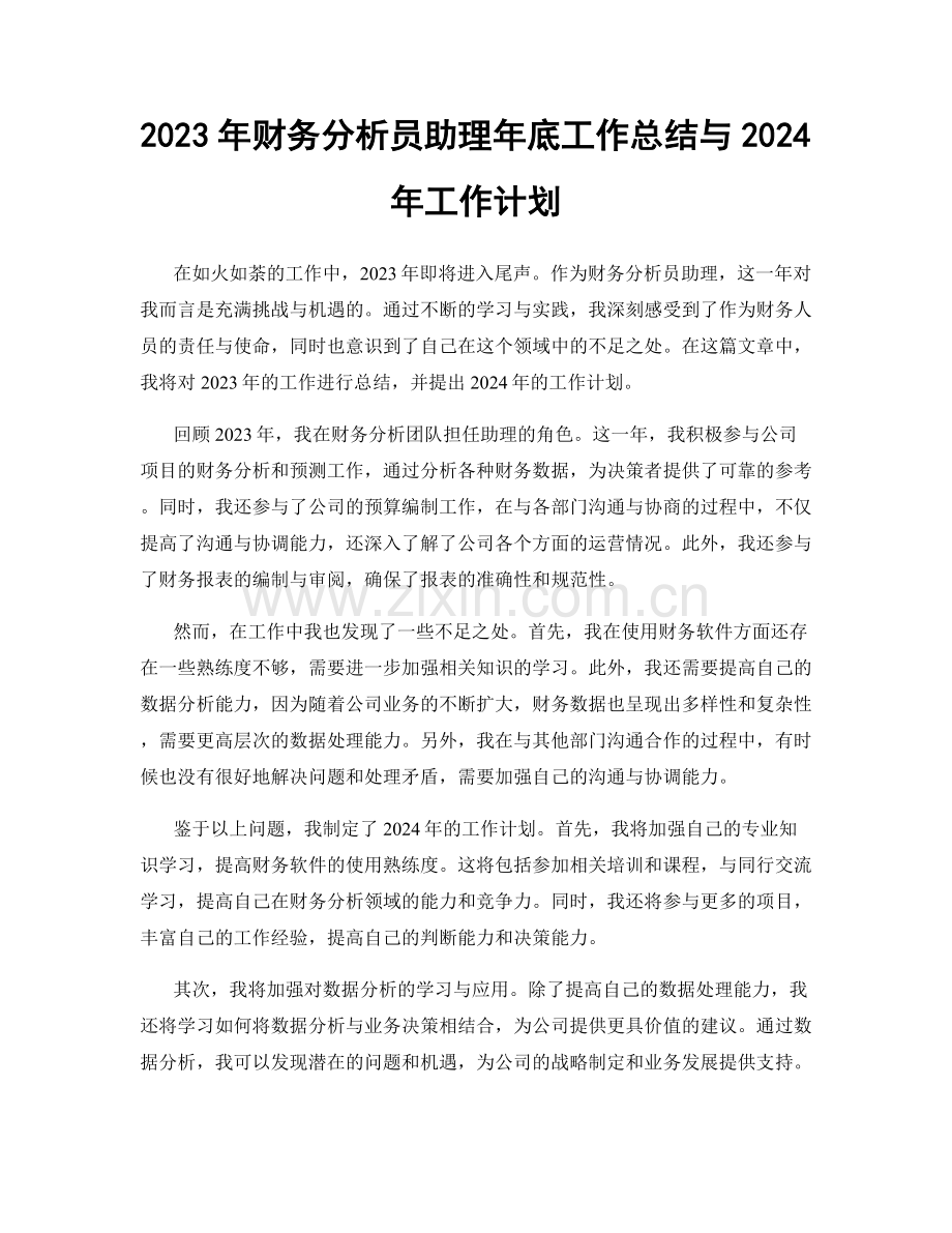 2023年财务分析员助理年底工作总结与2024年工作计划.docx_第1页