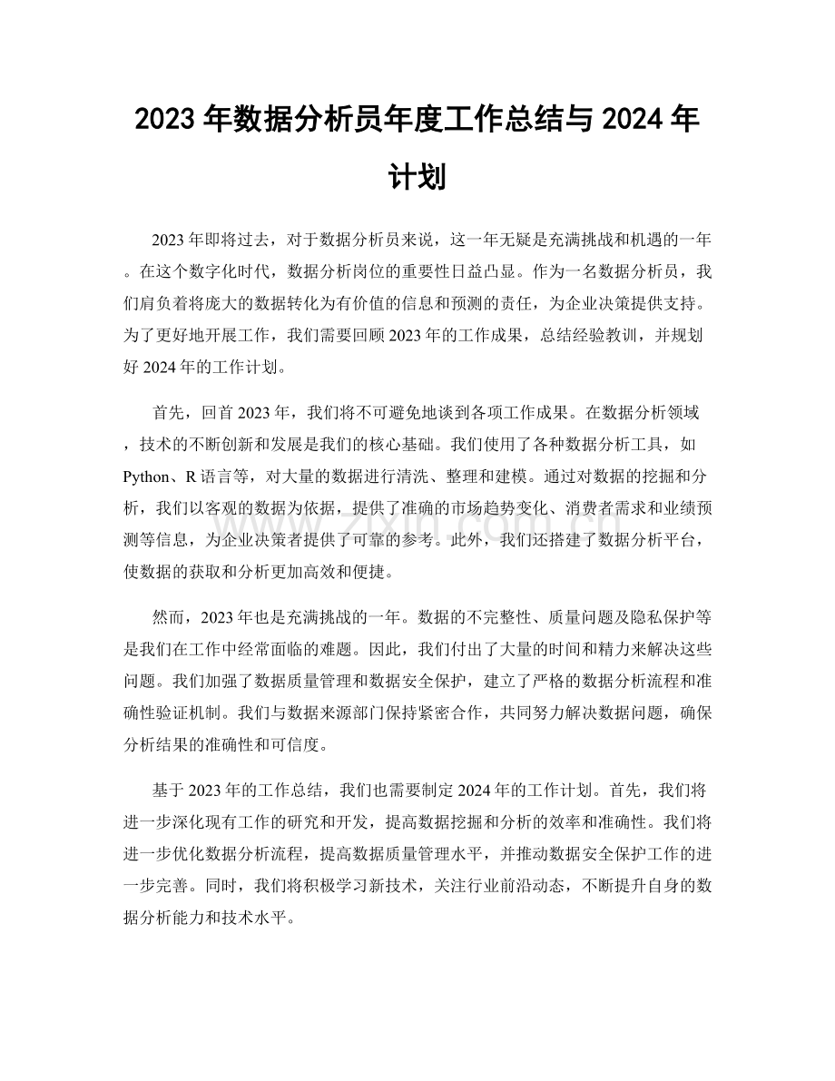 2023年数据分析员年度工作总结与2024年计划.docx_第1页