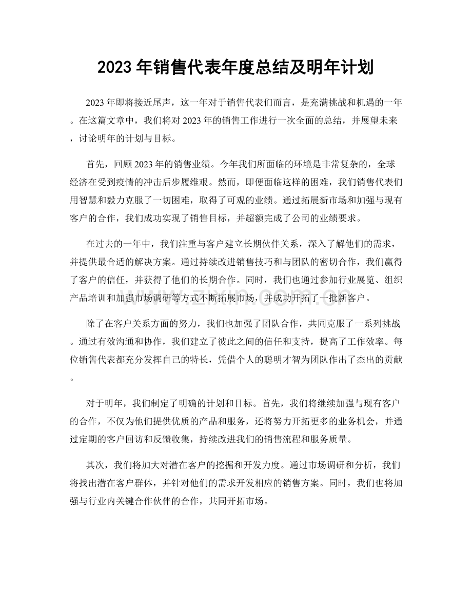 2023年销售代表年度总结及明年计划.docx_第1页