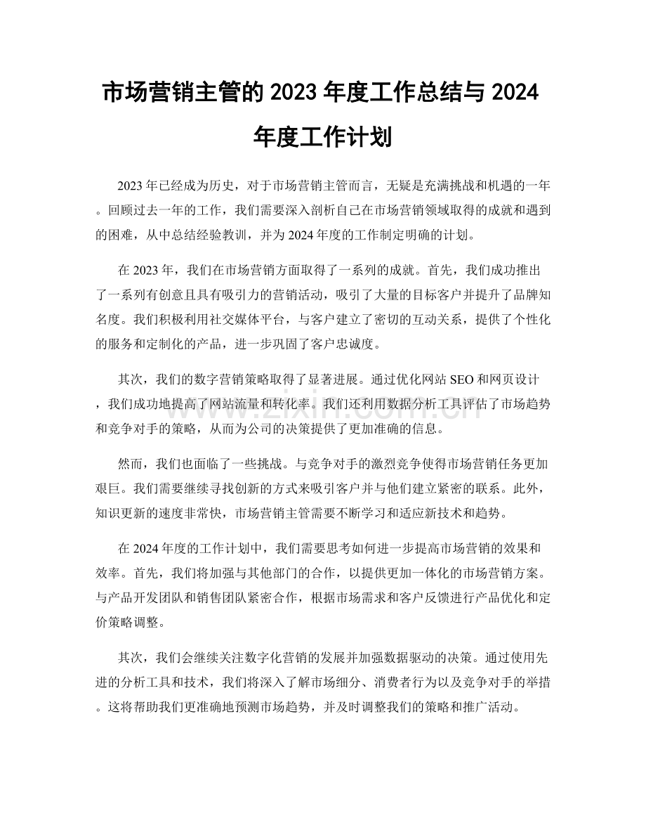 市场营销主管的2023年度工作总结与2024年度工作计划.docx_第1页