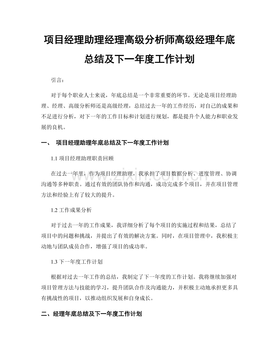 项目经理助理经理高级分析师高级经理年底总结及下一年度工作计划.docx_第1页