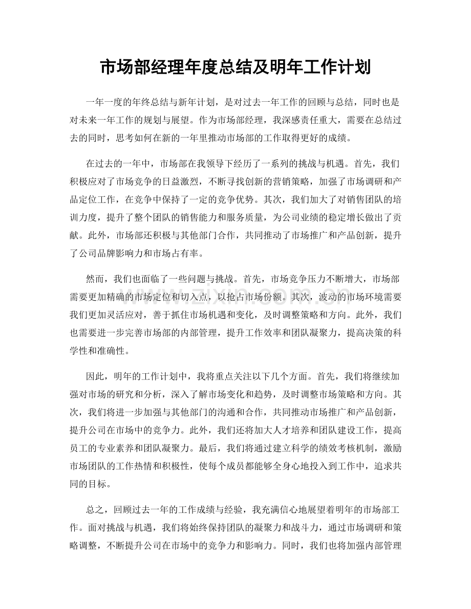 市场部经理年度总结及明年工作计划.docx_第1页