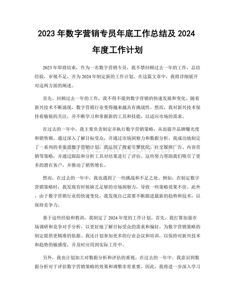 2023年数字营销专员年底工作总结及2024年度工作计划.docx_第1页