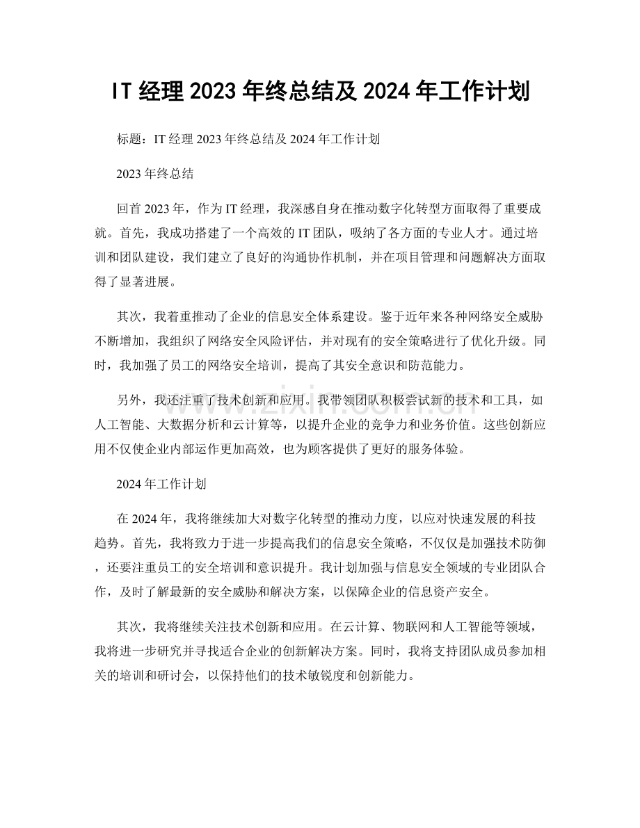 IT经理2023年终总结及2024年工作计划.docx_第1页