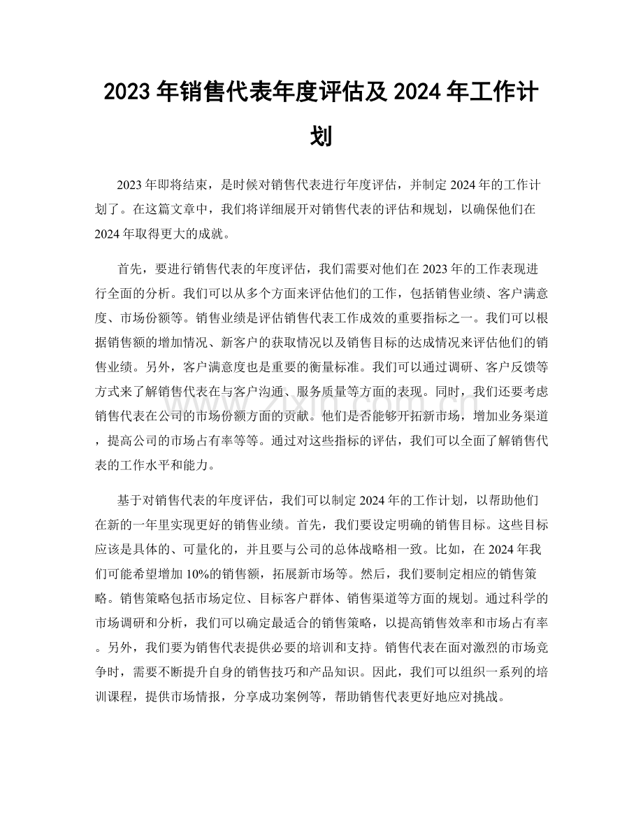 2023年销售代表年度评估及2024年工作计划.docx_第1页