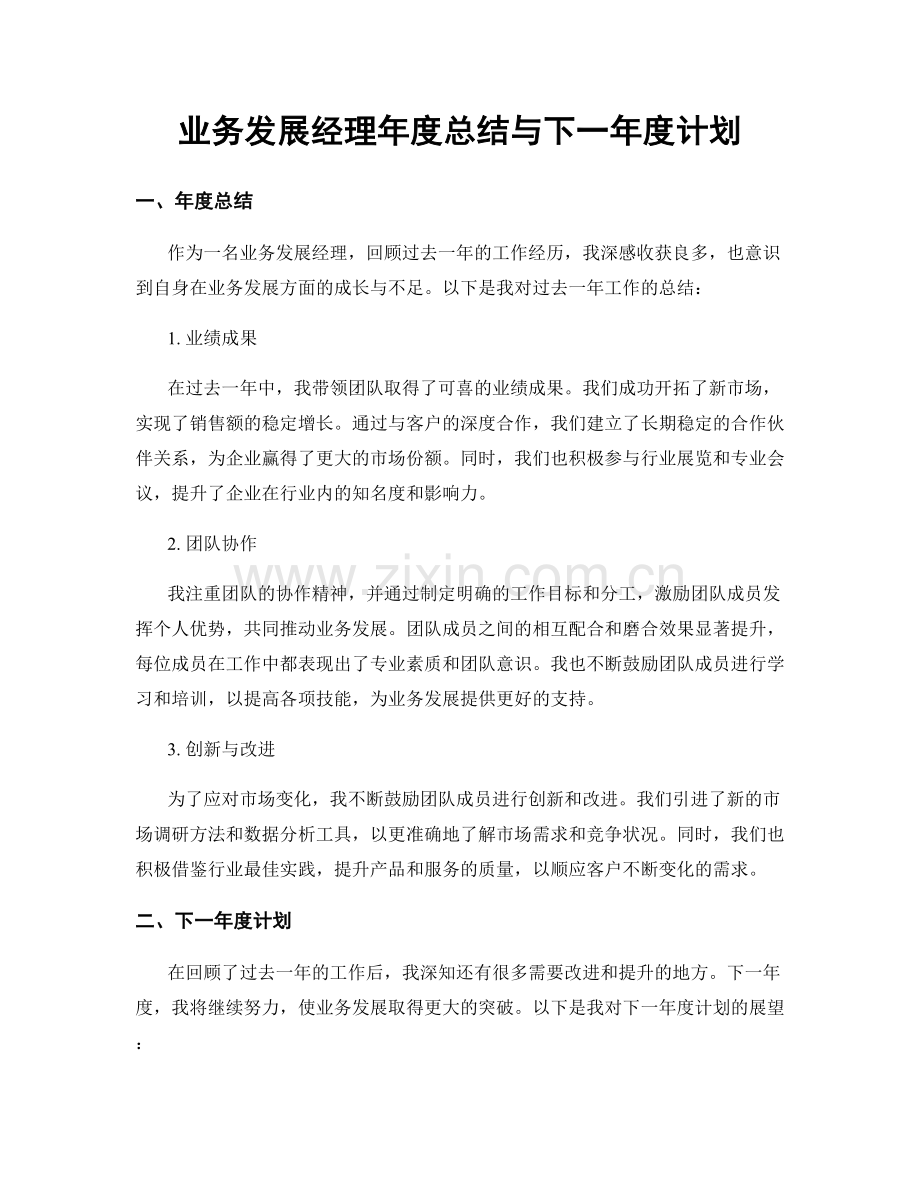 业务发展经理年度总结与下一年度计划.docx_第1页