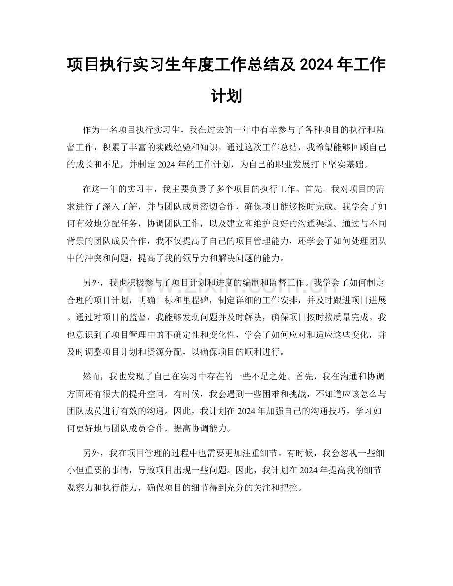 项目执行实习生年度工作总结及2024年工作计划.docx_第1页