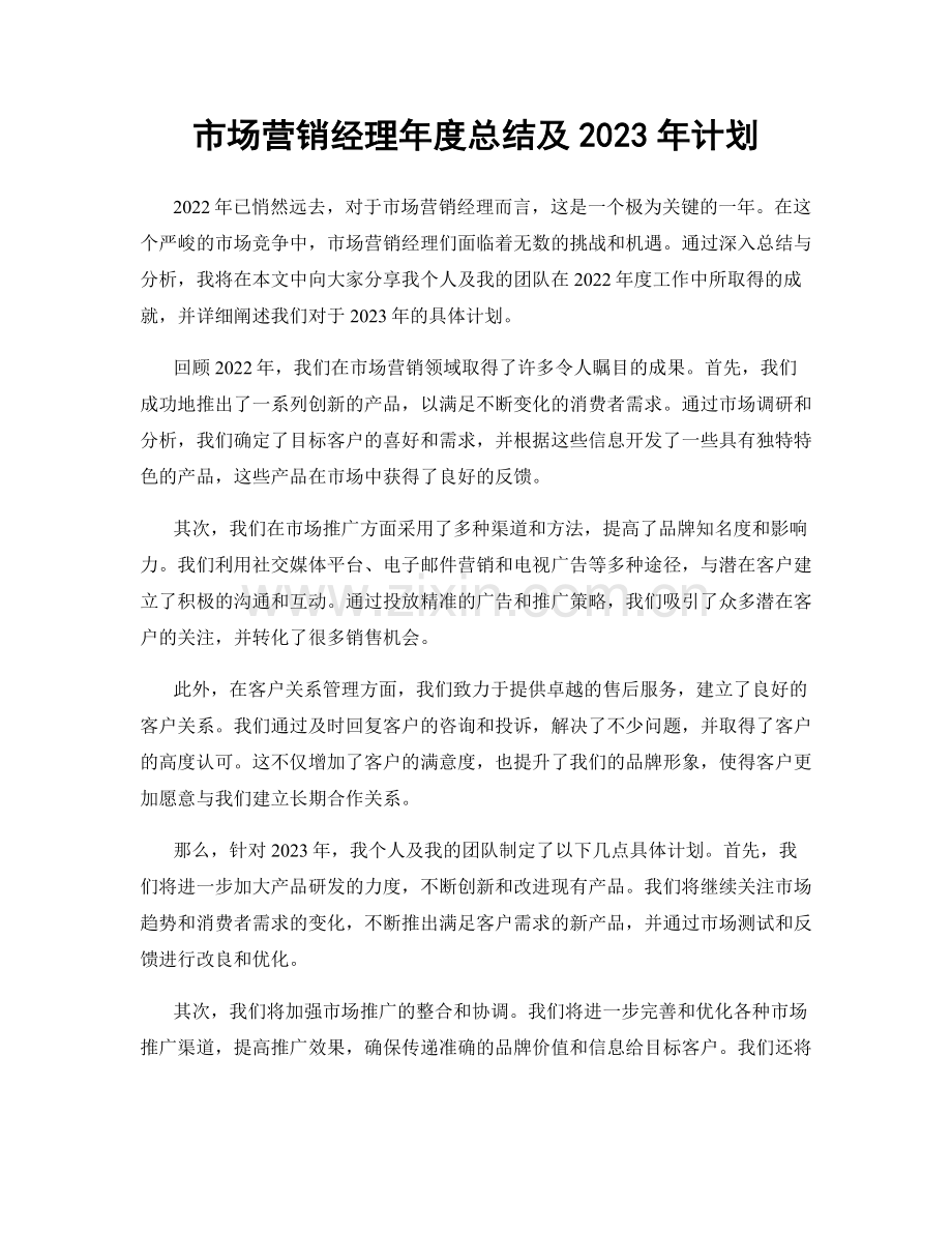 市场营销经理年度总结及2023年计划.docx_第1页