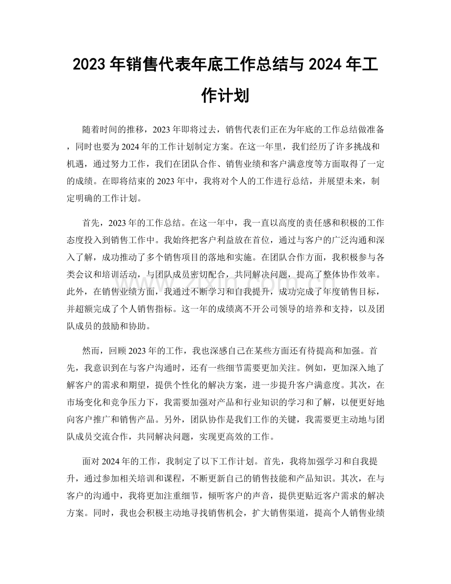 2023年销售代表年底工作总结与2024年工作计划.docx_第1页