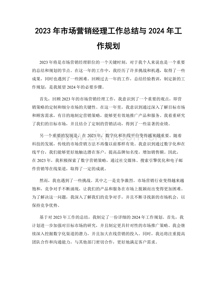 2023年市场营销经理工作总结与2024年工作规划.docx_第1页