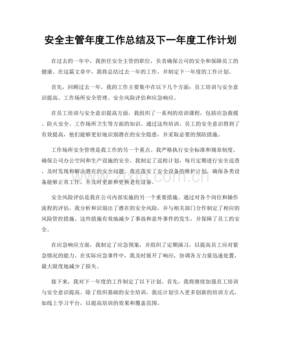 安全主管年度工作总结及下一年度工作计划.docx_第1页