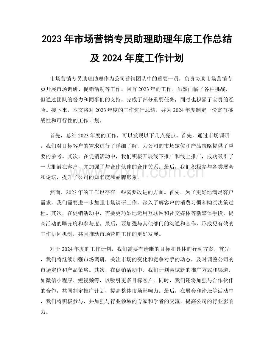 2023年市场营销专员助理助理年底工作总结及2024年度工作计划.docx_第1页