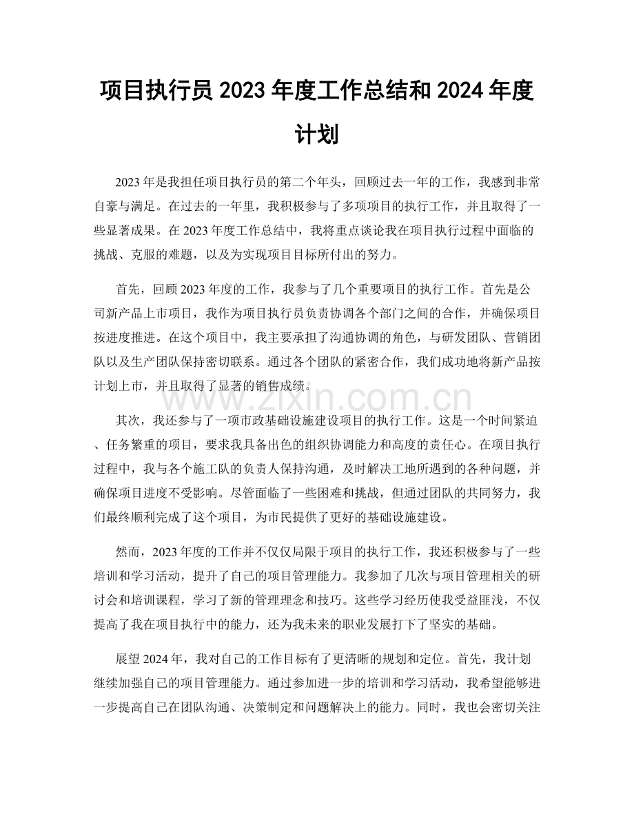 项目执行员2023年度工作总结和2024年度计划.docx_第1页