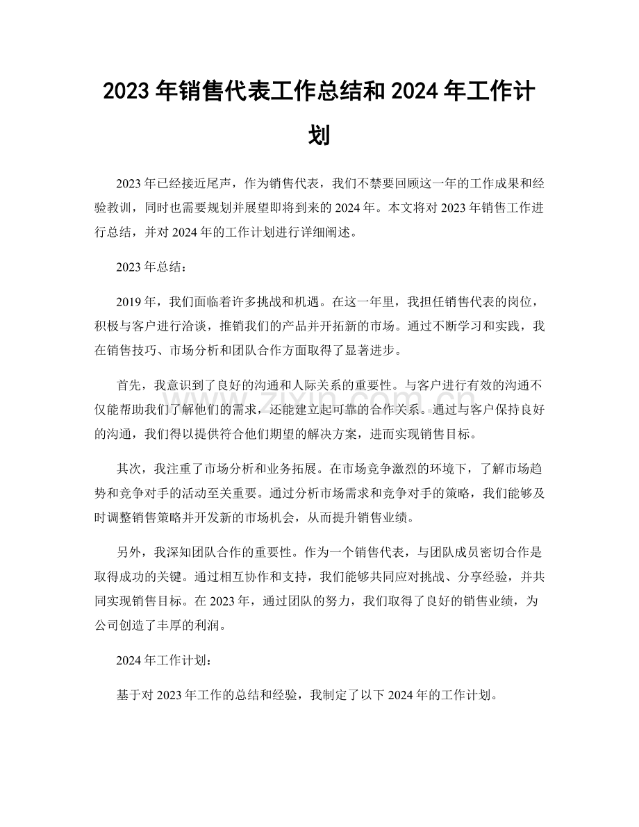 2023年销售代表工作总结和2024年工作计划.docx_第1页