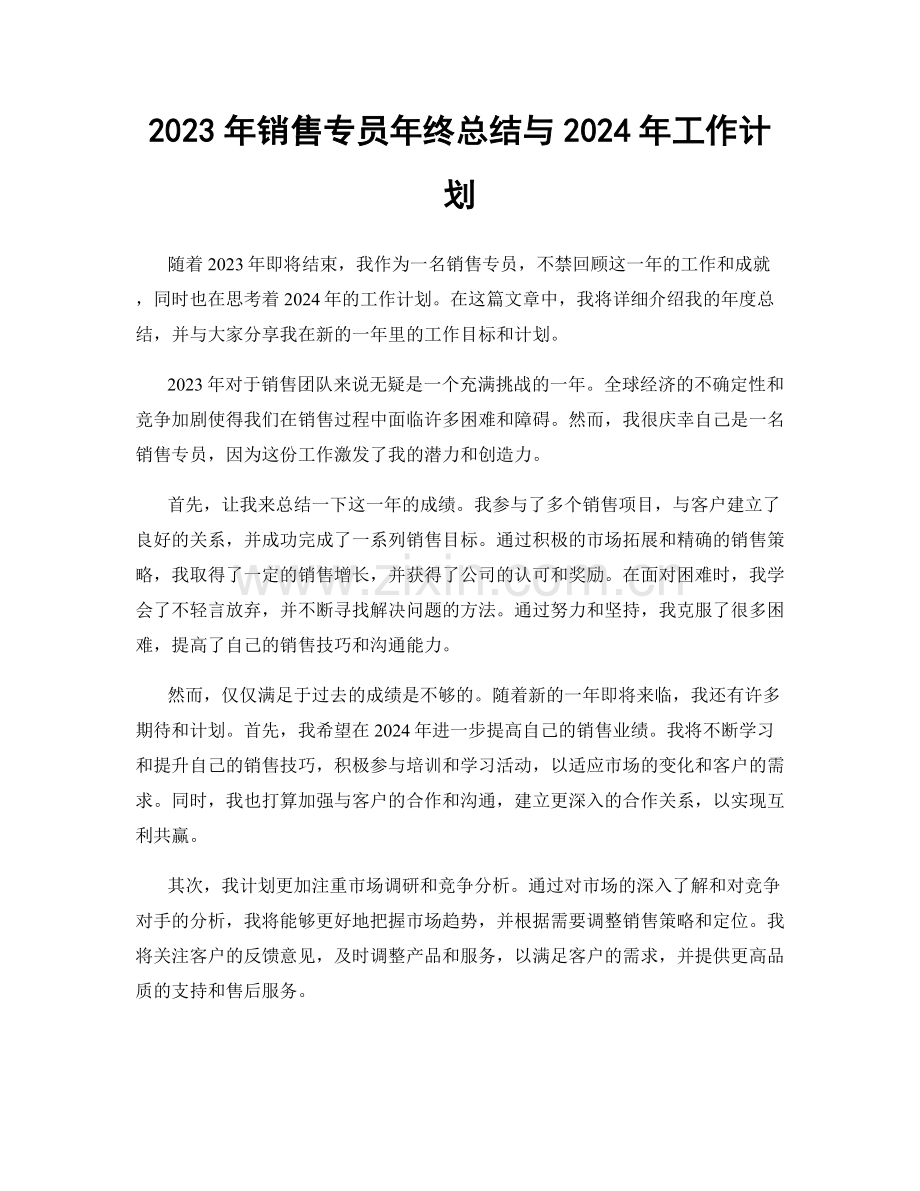 2023年销售专员年终总结与2024年工作计划.docx_第1页