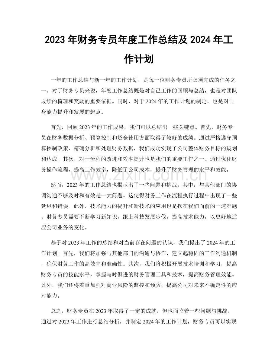 2023年财务专员年度工作总结及2024年工作计划.docx_第1页