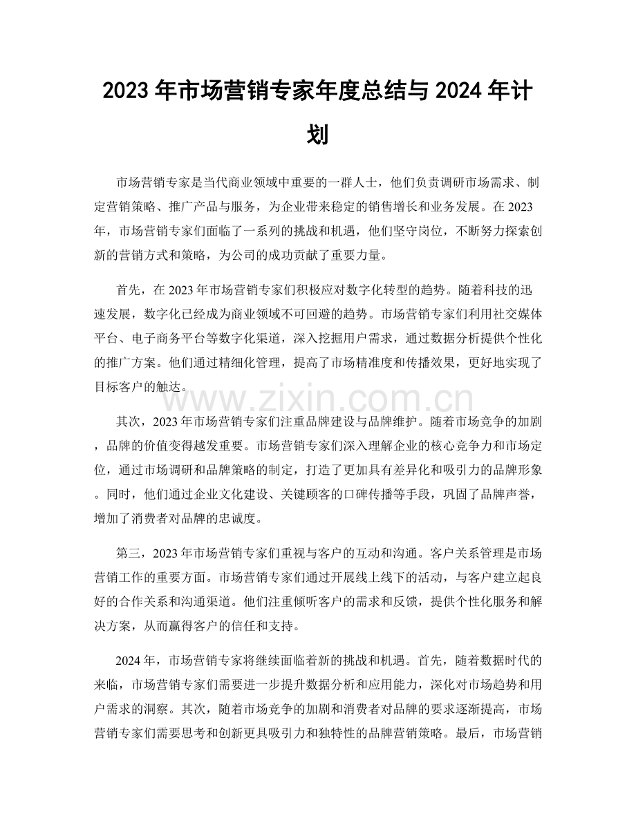 2023年市场营销专家年度总结与2024年计划.docx_第1页