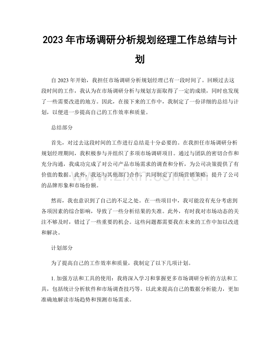 2023年市场调研分析规划经理工作总结与计划.docx_第1页