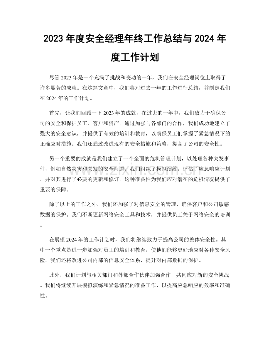 2023年度安全经理年终工作总结与2024年度工作计划.docx_第1页