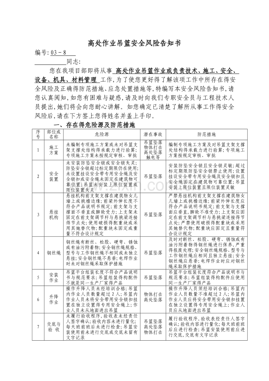 高处作业吊篮安全风险告知书.doc_第1页