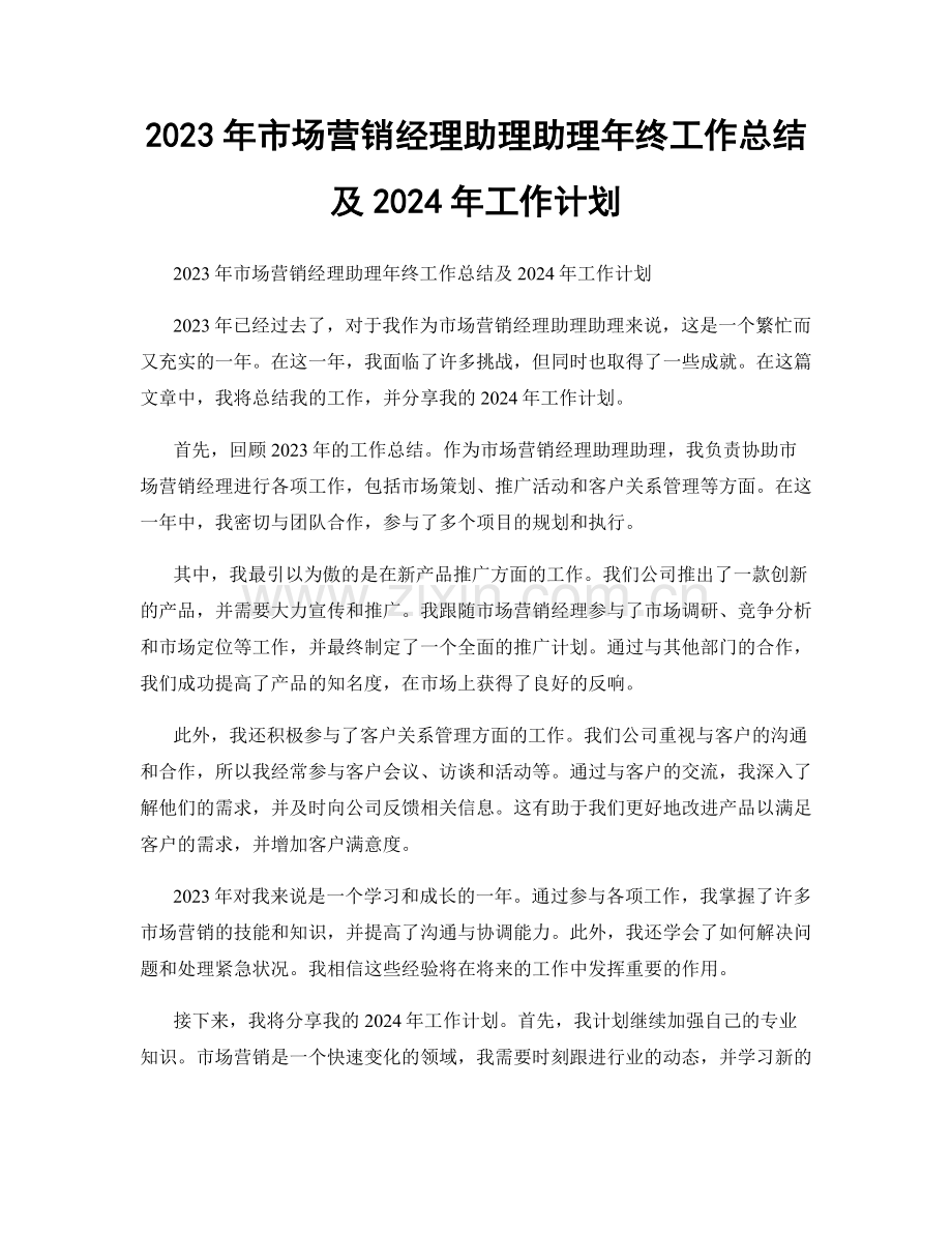 2023年市场营销经理助理助理年终工作总结及2024年工作计划.docx_第1页